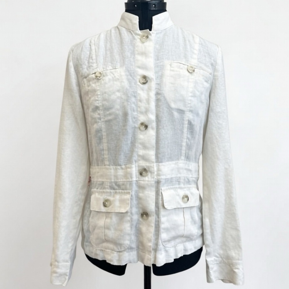 Paraphrase Safari White Linen Jacket Womens Size 12 Front Pockets Travel EUC